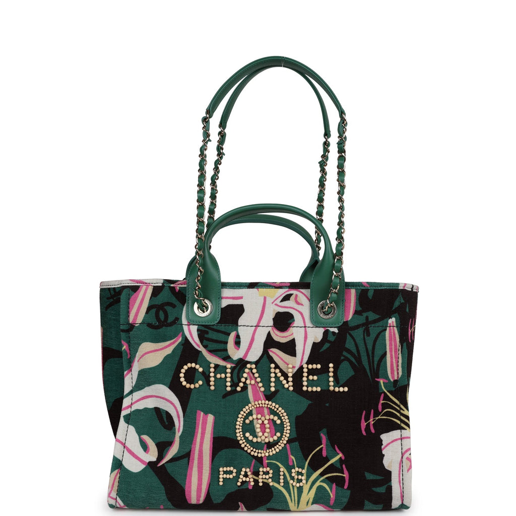 Chanel Small Deauville Shopping Bag Green and Pink Tropical Floral Velvet Light Gold Hardware