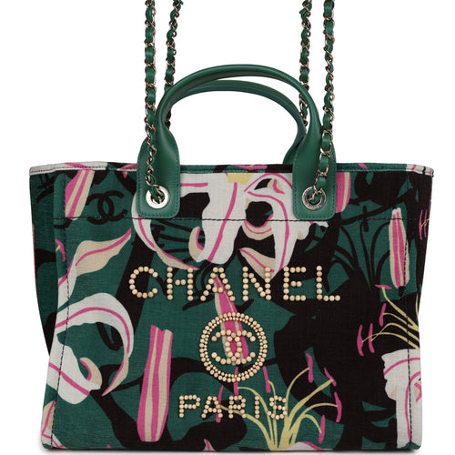 Chanel Small Deauville Shopping Tote Green and Pink Tropical Floral Velvet Light Gold Hardware