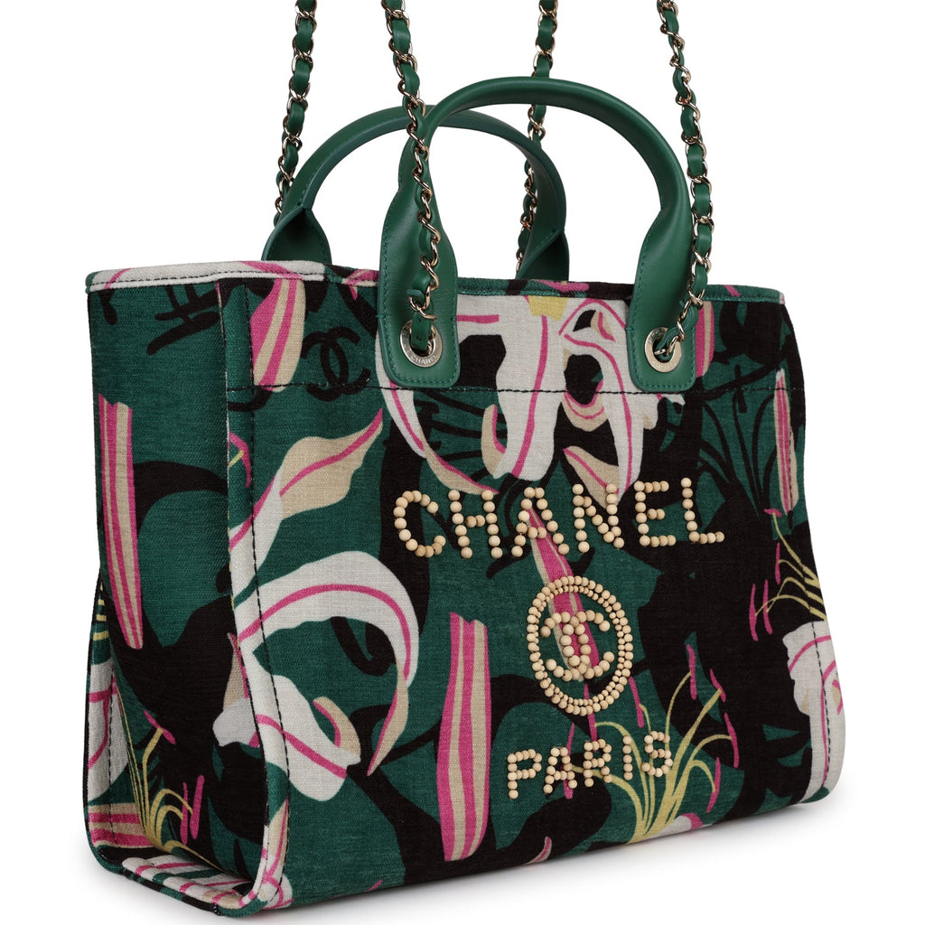 Chanel Small Deauville Shopping Bag Green and Pink Tropical Floral Velvet Light Gold Hardware