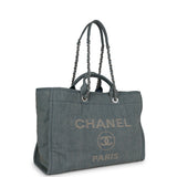 Chanel Large Deauville Shopping Bag Distressed Blue Denim Silver Hardware