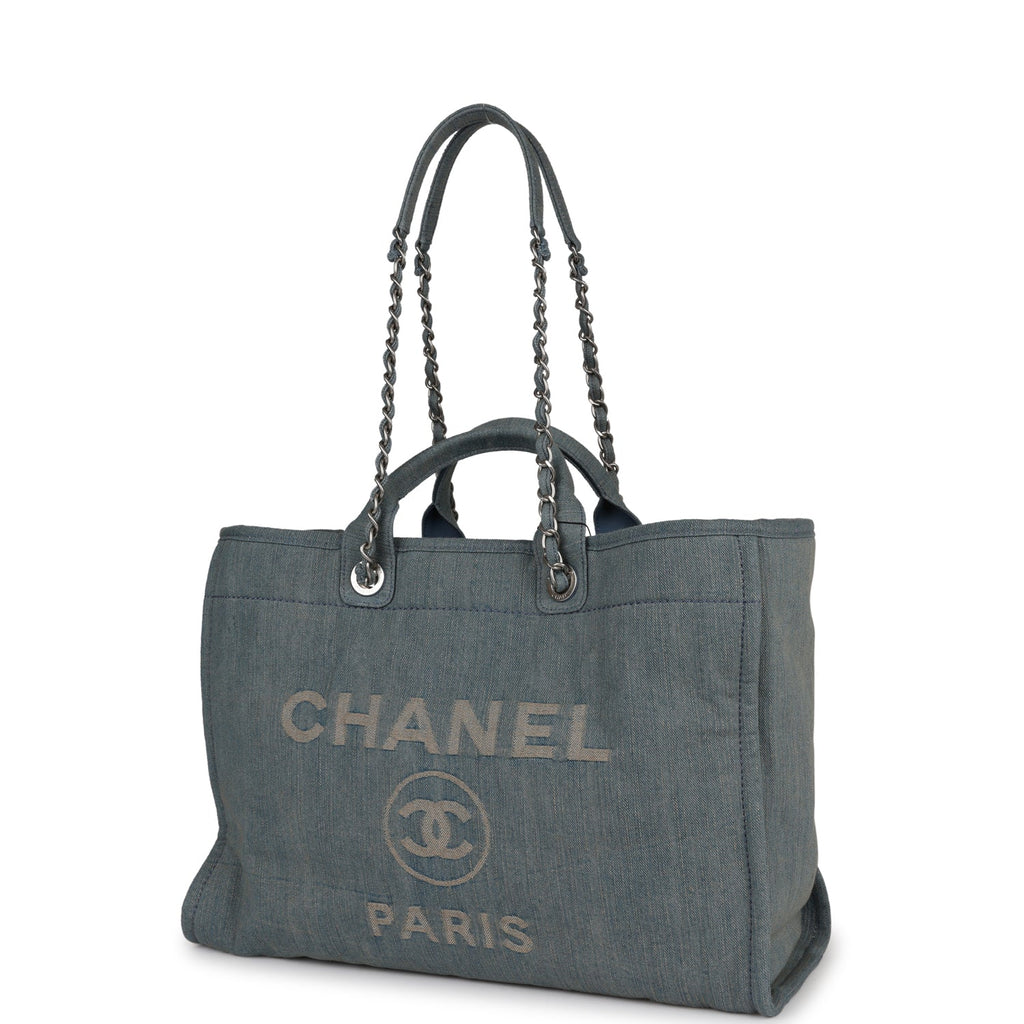 Chanel Large Deauville Shopping Bag Distressed Blue Denim Silver
