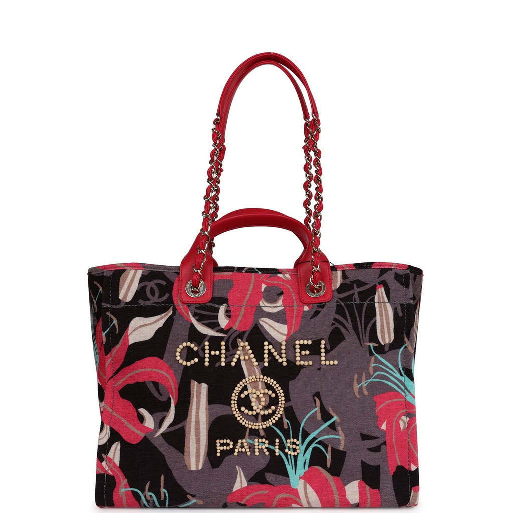 Chanel Small Deauville Shopping Bag Grey and Pink Tropical Floral Velvet  Light Gold Hardware