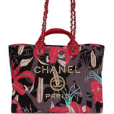 Chanel Medium Deauville Shopping Tote Grey and Pink Tropical Floral Velvet Light Gold Hardware