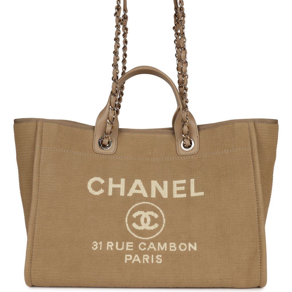 Chanel Canvas Large Deauville Tote Ivory Beige Nude Handles