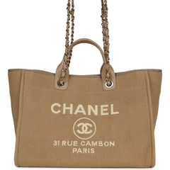Chanel Large Deauville Shopping Tote Beige Canvas Gold Hardware
