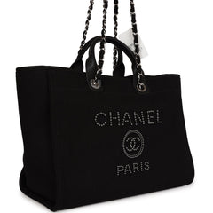 Chanel Large Deauville Shopping Tote Black Canvas Silver Hardware