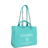 Chanel Small Deauville Shopping Bag Turquoise Canvas Light Gold Hardware
