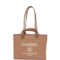 Chanel Small Deauville Shopping Tote Dark Beige Canvas Light Gold Hardware