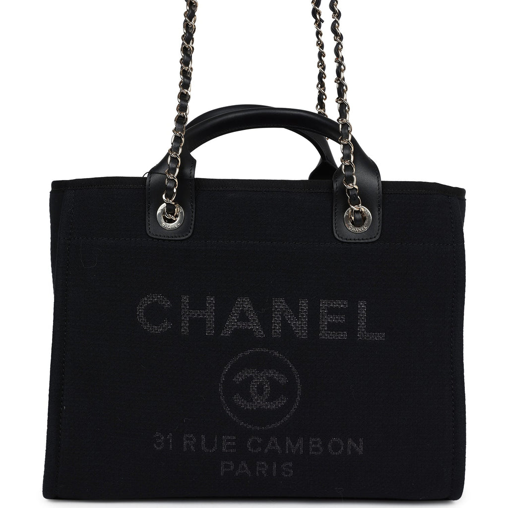 Chanel Small Deauville Shopping Tote Black Canvas Light Gold Hardware Black New Canvas