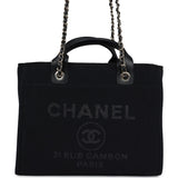 Chanel Small Deauville Shopping Tote Black Canvas Light Gold Hardware