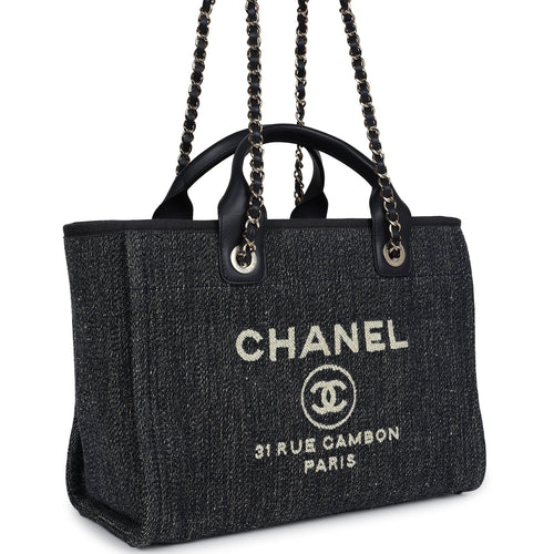 Chanel Small Deauville Shopping Tote Dark Blue Denim Light Gold Hardware
