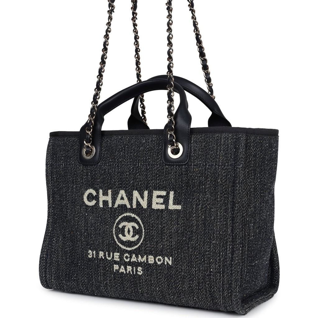 Chanel Small Deauville Shopping Tote Dark Blue Denim Light Gold Hardwa