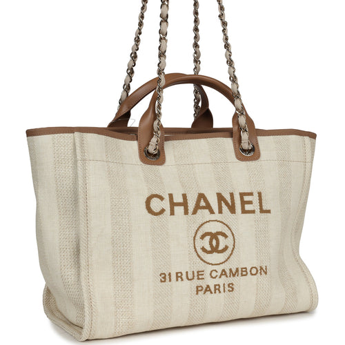 Chanel Medium Striped Deauville Shopping Tote Light Beige Raffia Light Gold Hardware