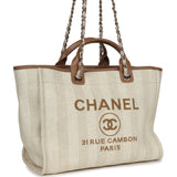 Chanel Medium Striped Deauville Shopping Tote Light Beige Raffia Light Gold Hardware