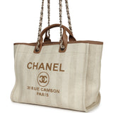 Chanel Medium Striped Deauville Shopping Tote Light Beige Raffia Light Gold Hardware