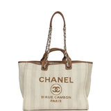 Chanel Medium Striped Deauville Shopping Tote Light Beige Raffia Light Gold Hardware