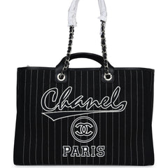 Chanel Large Deauville Shopping Tote Black and White Striped Canvas Silver Hardware