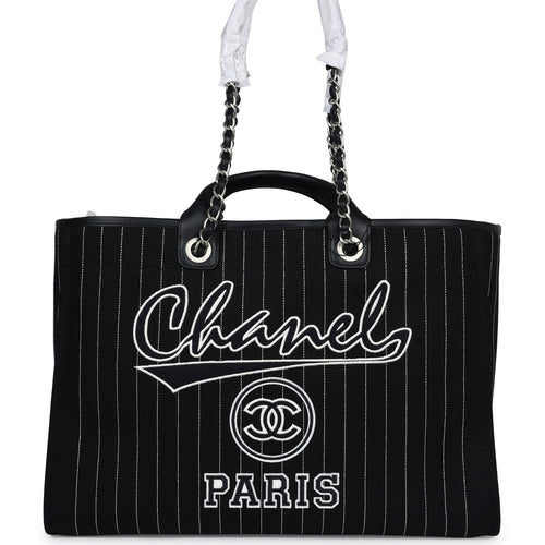 Chanel Large Deauville Shopping Tote Black and White Striped Canvas Silver Hardware