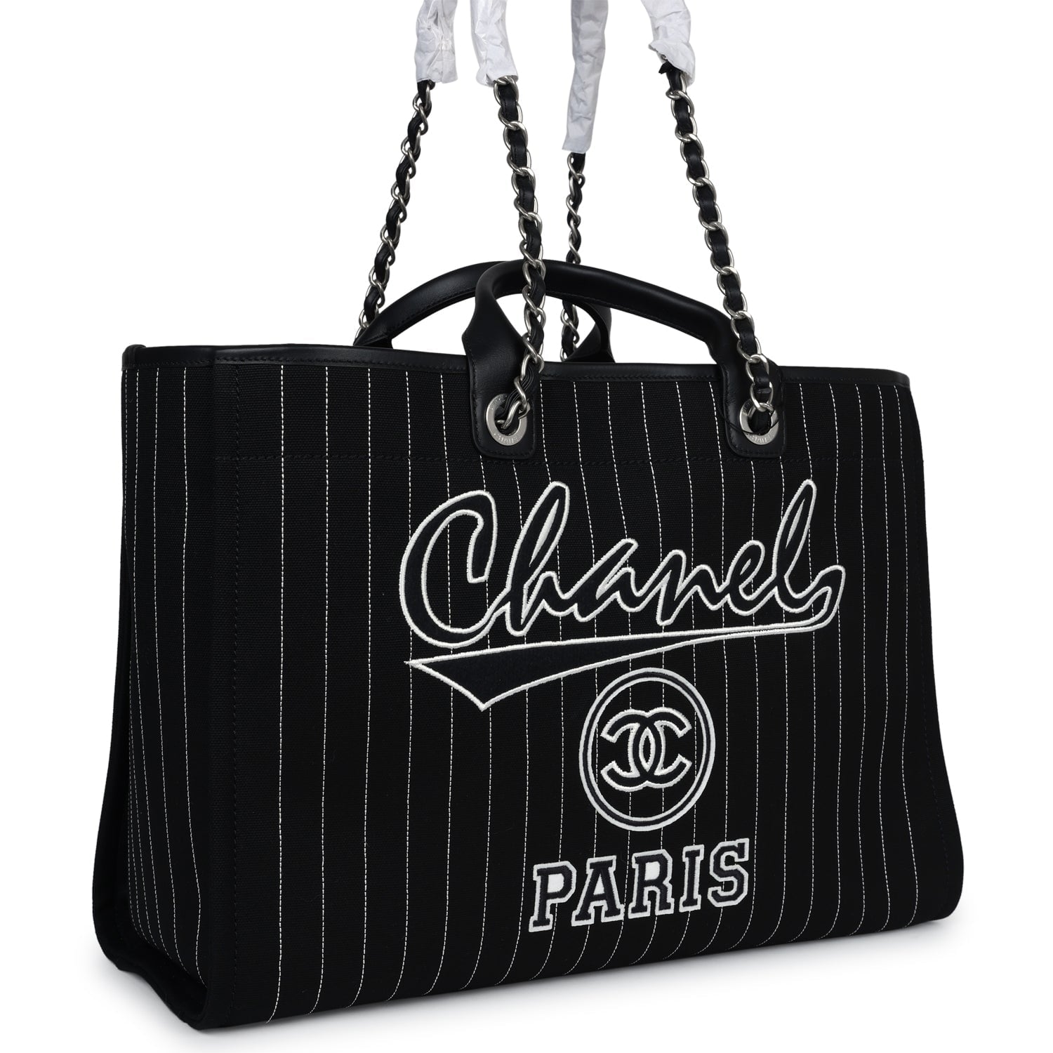 CC DEAUVILLE LARGE 38 TOTE BAG IN WHITE CANVAS WITH BLACK LOGO