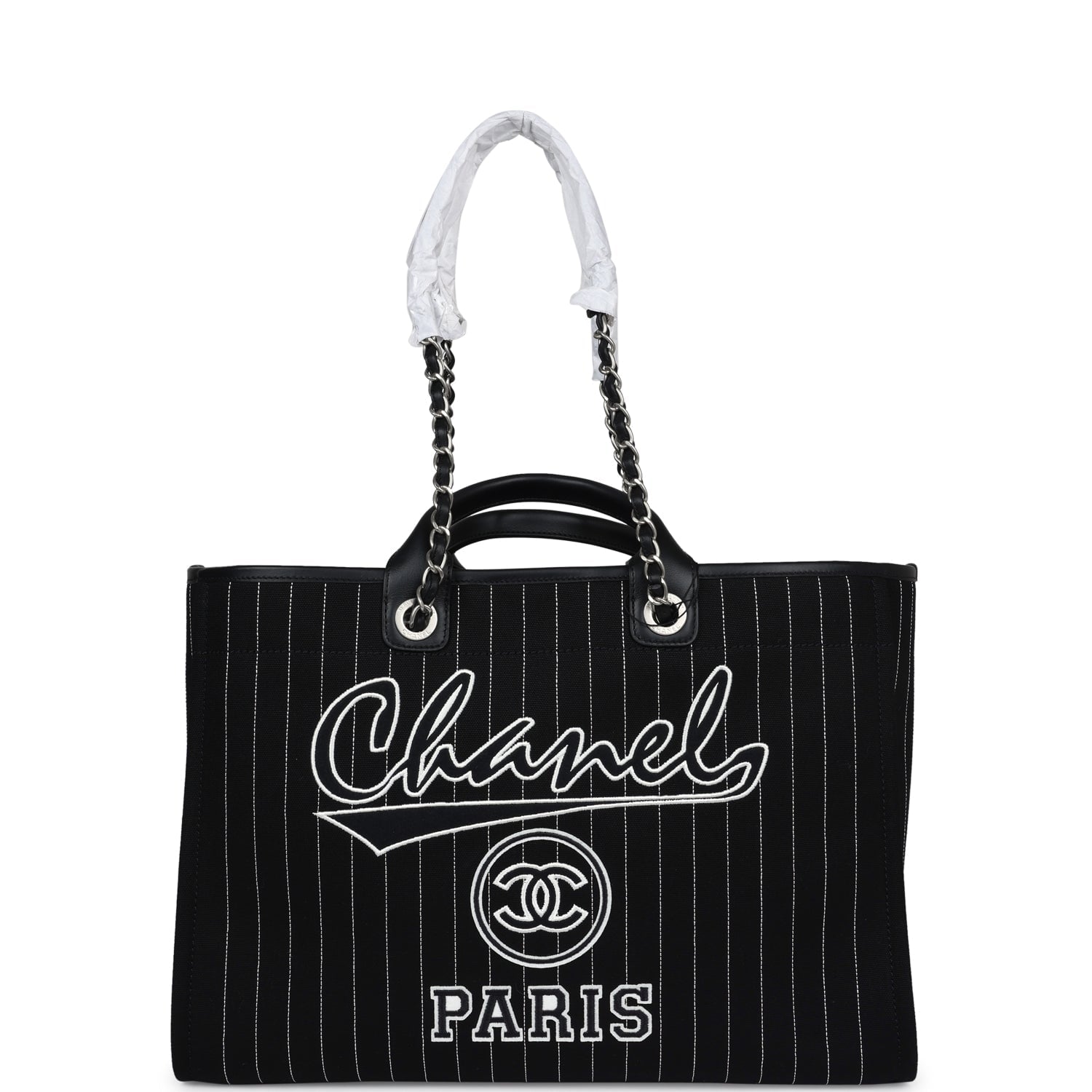 CC DEAUVILLE LARGE 38 TOTE BAG IN BLACK CANVAS WITH GOLD EMBROIDERED LOGO