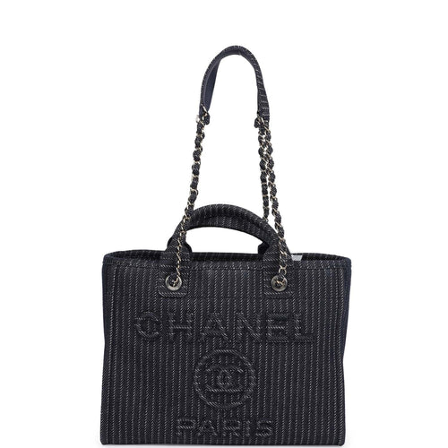 Chanel Small Striped Deauville Shopping Tote Navy Blue and White Denim Light Gold Hardware