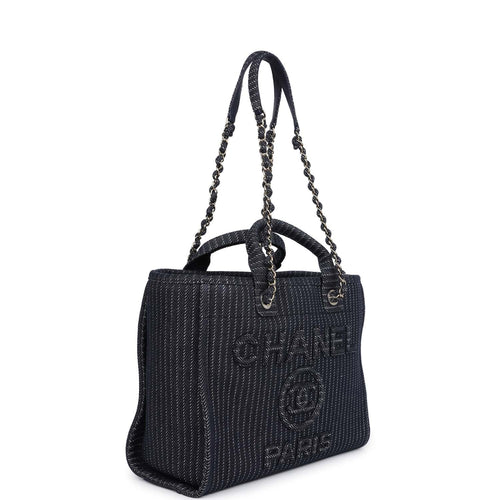 Chanel Small Striped Deauville Shopping Tote Navy Blue and White Denim Light Gold Hardware