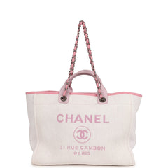 Pre-owned Chanel Medium Deauville Shopping Tote Light Pink Raffia and Canvas Silver Hardware