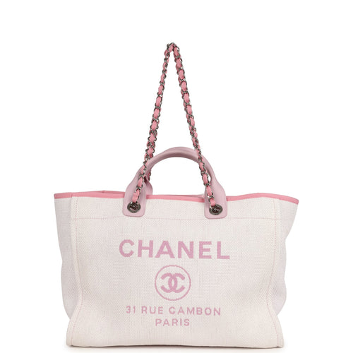 Pre-owned Chanel Medium Deauville Shopping Tote Light Pink Raffia and Canvas Silver Hardware