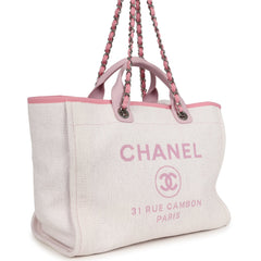 Pre-owned Chanel Medium Deauville Shopping Tote Light Pink Raffia and Canvas Silver Hardware