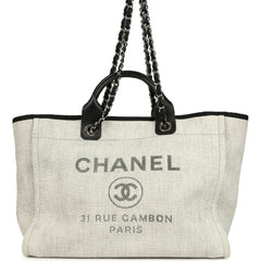 Pre-owned Chanel Medium Deauville Shopping Tote Light Grey Raffia and Canvas Silver Hardware