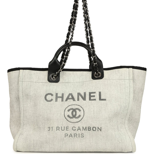 Preowned Chanel Medium Deauville Shopping Tote Light Grey Raffia and Canvas Silver Hardware