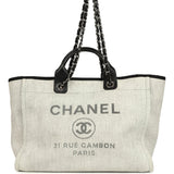 Preowned Chanel Medium Deauville Shopping Tote Light Grey Raffia and Canvas Silver Hardware