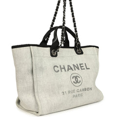 Pre-owned Chanel Medium Deauville Shopping Tote Light Grey Raffia and Canvas Silver Hardware