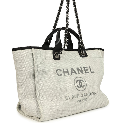 Preowned Chanel Medium Deauville Shopping Tote Light Grey Raffia and Canvas Silver Hardware