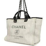 Preowned Chanel Medium Deauville Shopping Tote Light Grey Raffia and Canvas Silver Hardware