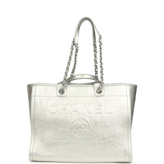 Chanel Medium Deauville Shopping Tote Metallic Silver Shiny Calfskin Silver Hardware