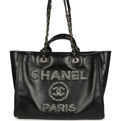 Pre-owned Chanel Medium Deauville Shopping Tote Black Crumpled Calfskin and Tweed Gold Hardware