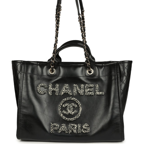 Pre-owned Chanel Medium Deauville Shopping Tote Black Crumpled Calfskin and Tweed Gold Hardware