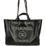 Pre-owned Chanel Medium Deauville Shopping Tote Black Crumpled Calfskin and Tweed Gold Hardware - Thumbnail View 1