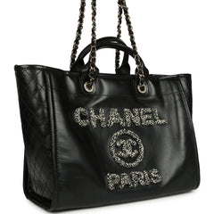 Pre-owned Chanel Medium Deauville Shopping Tote Black Crumpled Calfskin and Tweed Gold Hardware