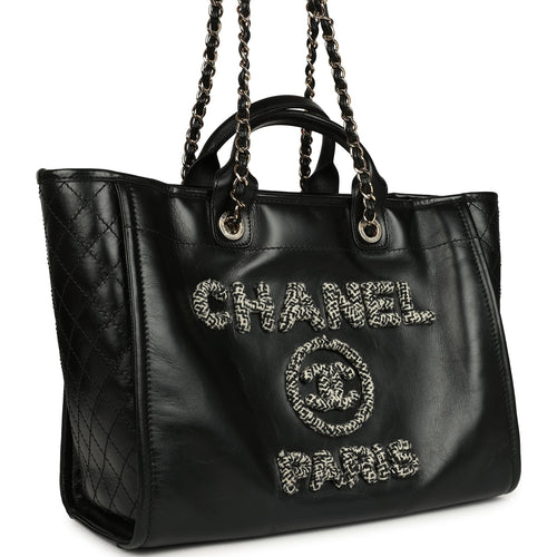 Pre-owned Chanel Medium Deauville Shopping Tote Black Crumpled Calfskin and Tweed Gold Hardware