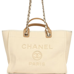 Chanel Medium Pearl Embellished Deauville Shopping Tote Light Beige Canvas Light Gold Hardware