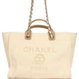 Chanel Medium Pearl Embellished Deauville Shopping Tote Light Beige Canvas Light Gold Hardware - Thumbnail View 1