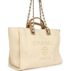 Chanel Medium Pearl Embellished Deauville Shopping Tote Light Beige Canvas Light Gold Hardware