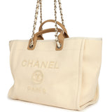 Chanel Medium Pearl Embellished Deauville Shopping Tote Light Beige Canvas Light Gold Hardware - Thumbnail View 5