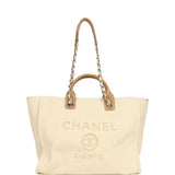 Chanel Medium Pearl Embellished Deauville Shopping Tote Light Beige Canvas Light Gold Hardware - Thumbnail View 7