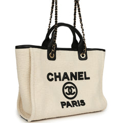 Chanel Small Deauville Shopping Tote Ecru Bouclé Tweed, Black Calfskin Gold Hardware
