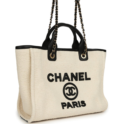 Chanel Small Deauville Shopping Tote Ecru Bouclé Tweed, Black Calfskin Gold Hardware