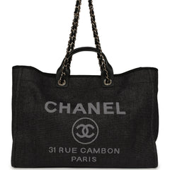 Chanel Large Deauville Shopping Tote Black, Grey Raffia, Black Canvas Light Gold Hardware