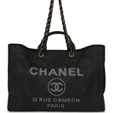 Chanel Large Deauville Shopping Tote Black, Grey Raffia, Black Canvas Light Gold Hardware - Thumbnail View 1